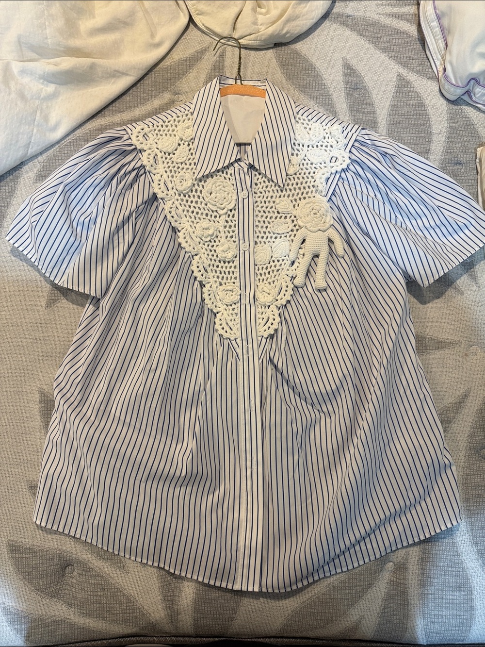 Uooyaa Rare Japanese Striped Blue & White Crochet Yoke Short Sleeve Blouse